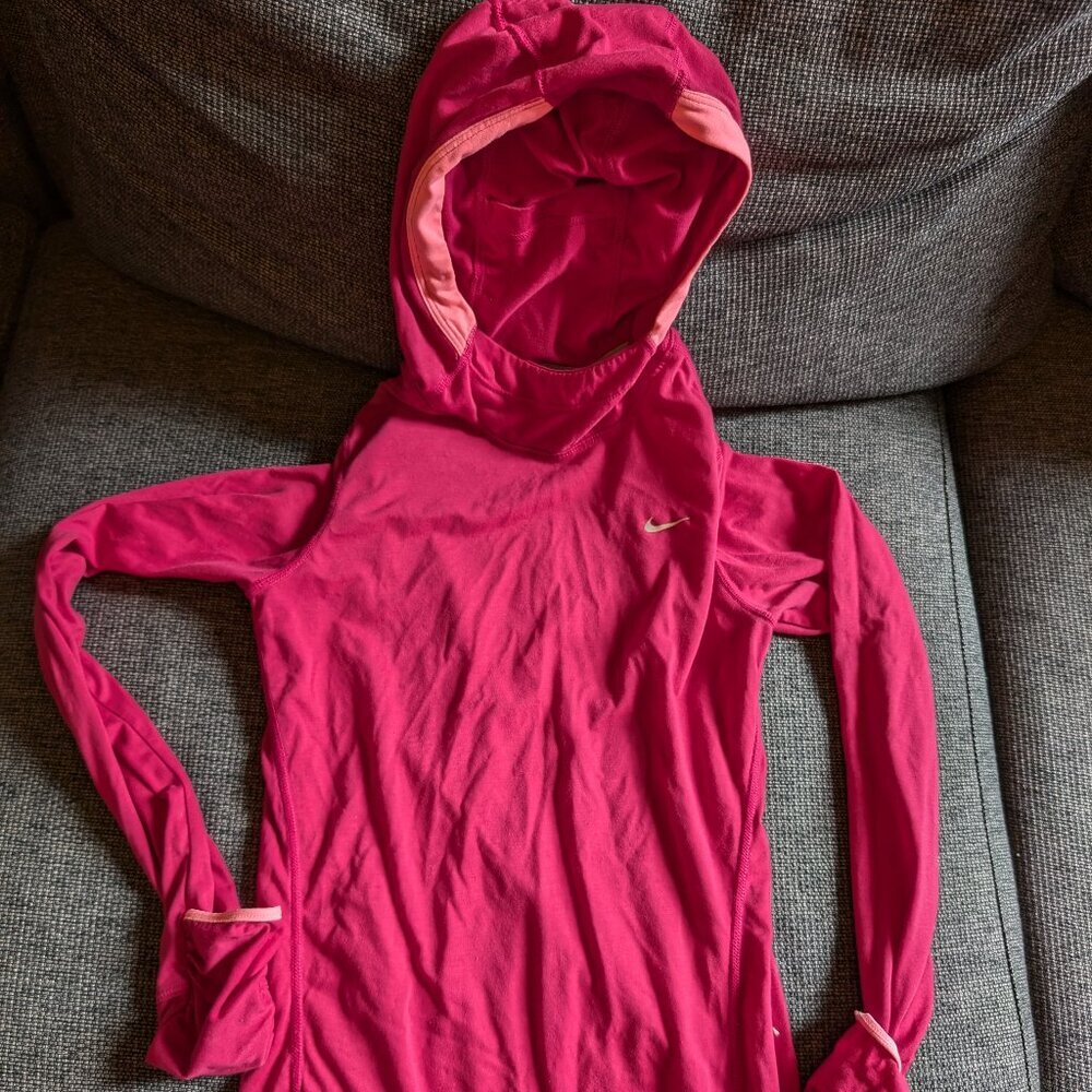 Pink Nike Running Dri-Fit Long Sleeve Top — Zip pocket, hood, convertible mitts